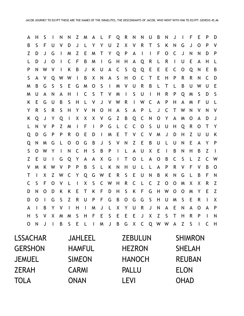 JACOB JOURNEY TO EGYPT THESE ARE THE NAMES OF THE ISRAELITES, THE DESCENDANTS OF JACOB, WHO WENT WITH HIM TO EGYPT. GENESIS 45,46 Word Search