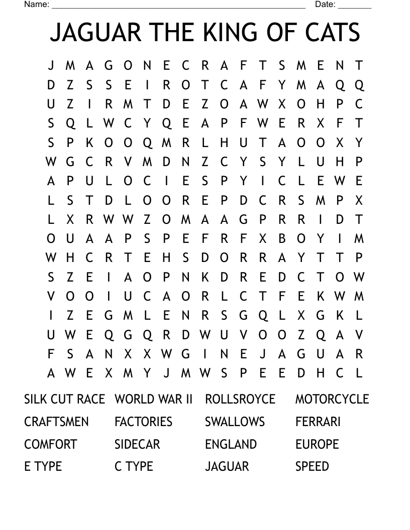JAGUAR THE KING OF CATS Word Search