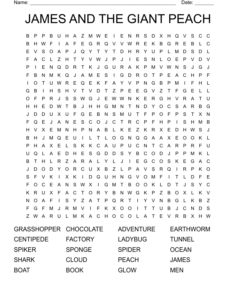 JAMES AND THE GIANT PEACH Word Search WordMint
