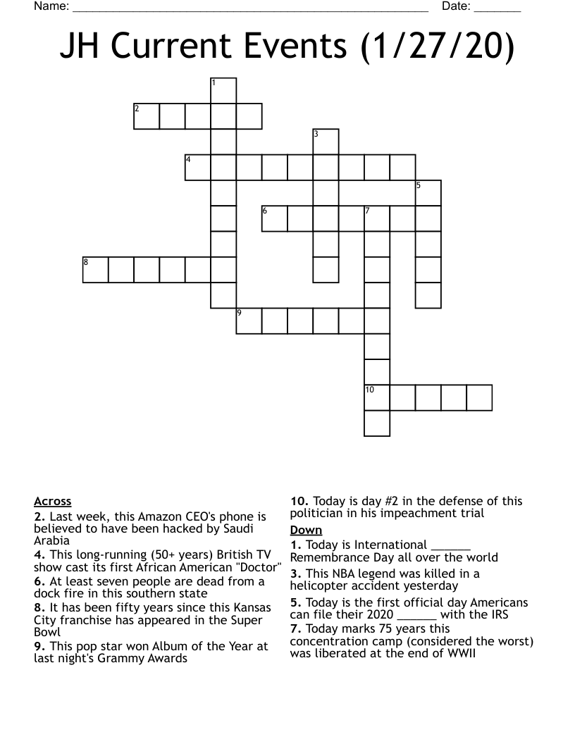 JH Current Events (1/27/20) Crossword - WordMint