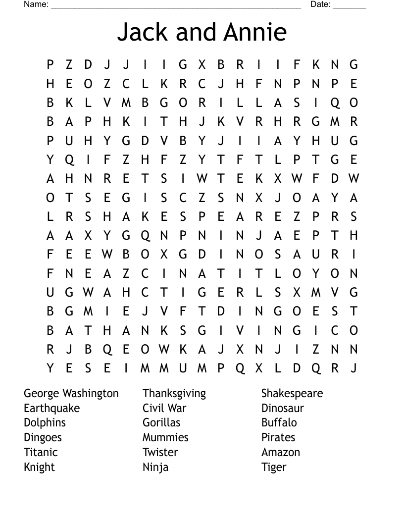 Jack and Annie Word Search