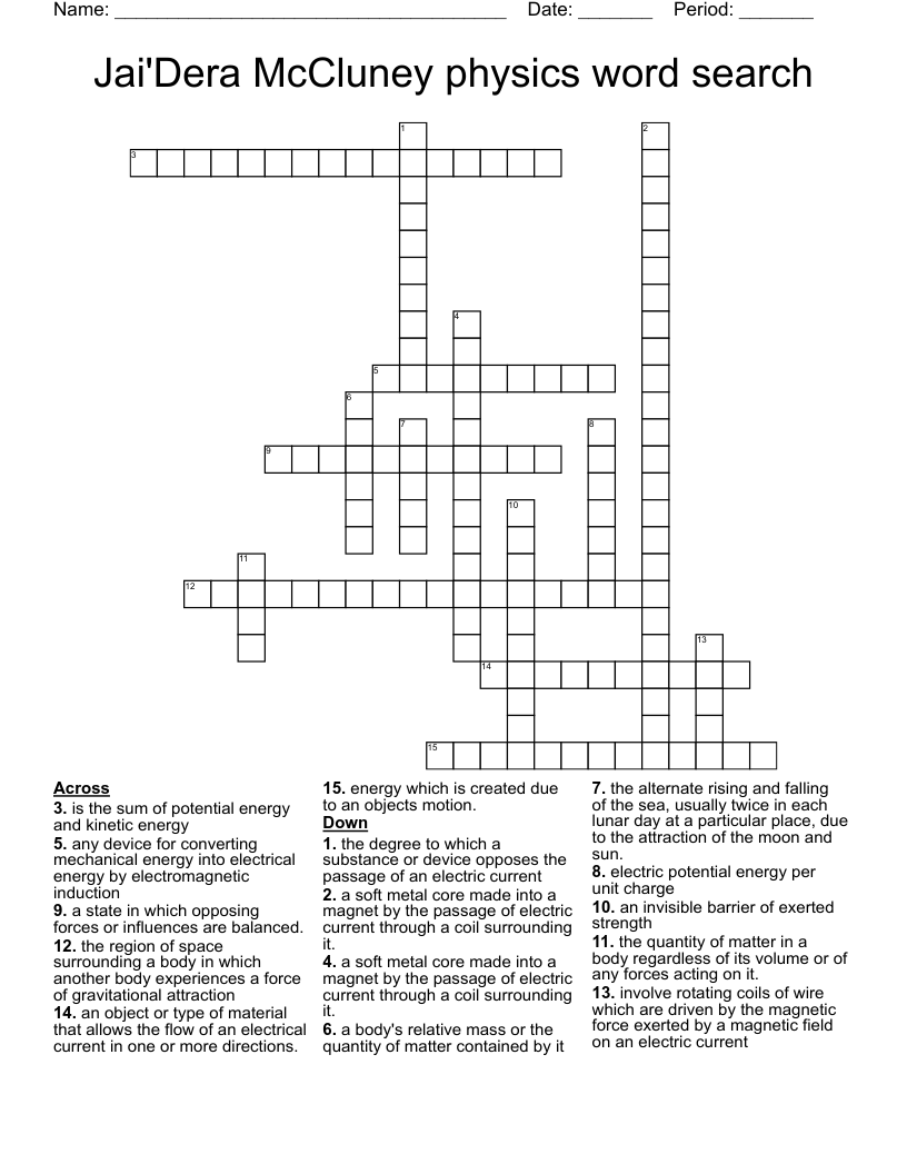 Jai'Dera McCluney physics word search Crossword