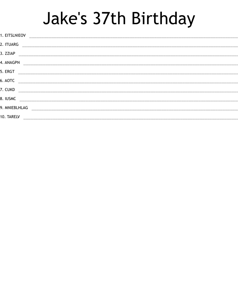 Jake's 37th Birthday Word Scramble