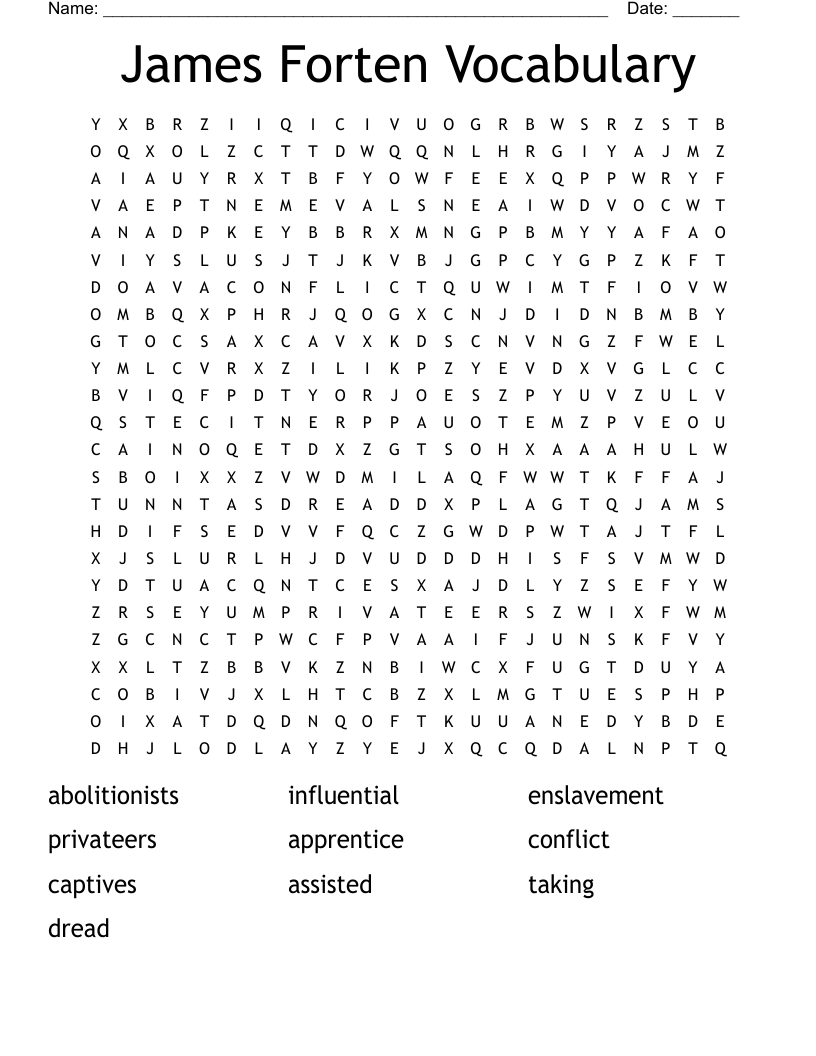 James Forten Vocabulary Word Search