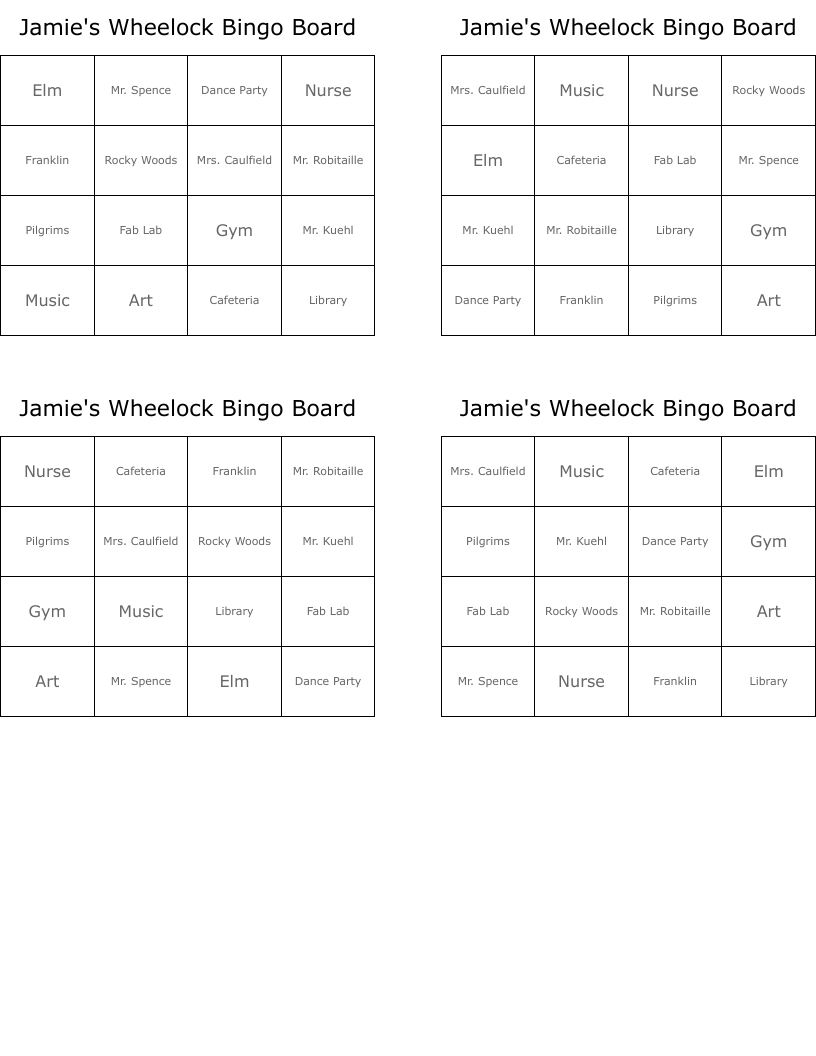 Jamie's Wheelock Bingo Board