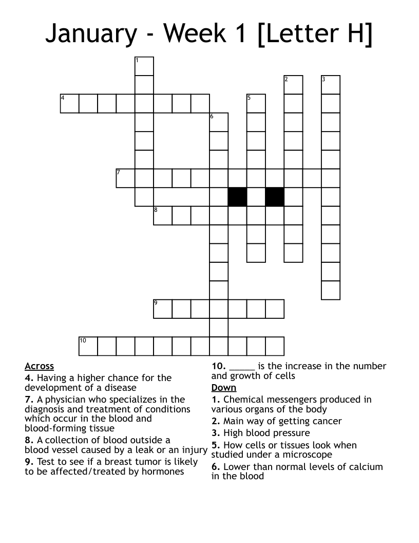 January - Week 1 [Letter H] Crossword