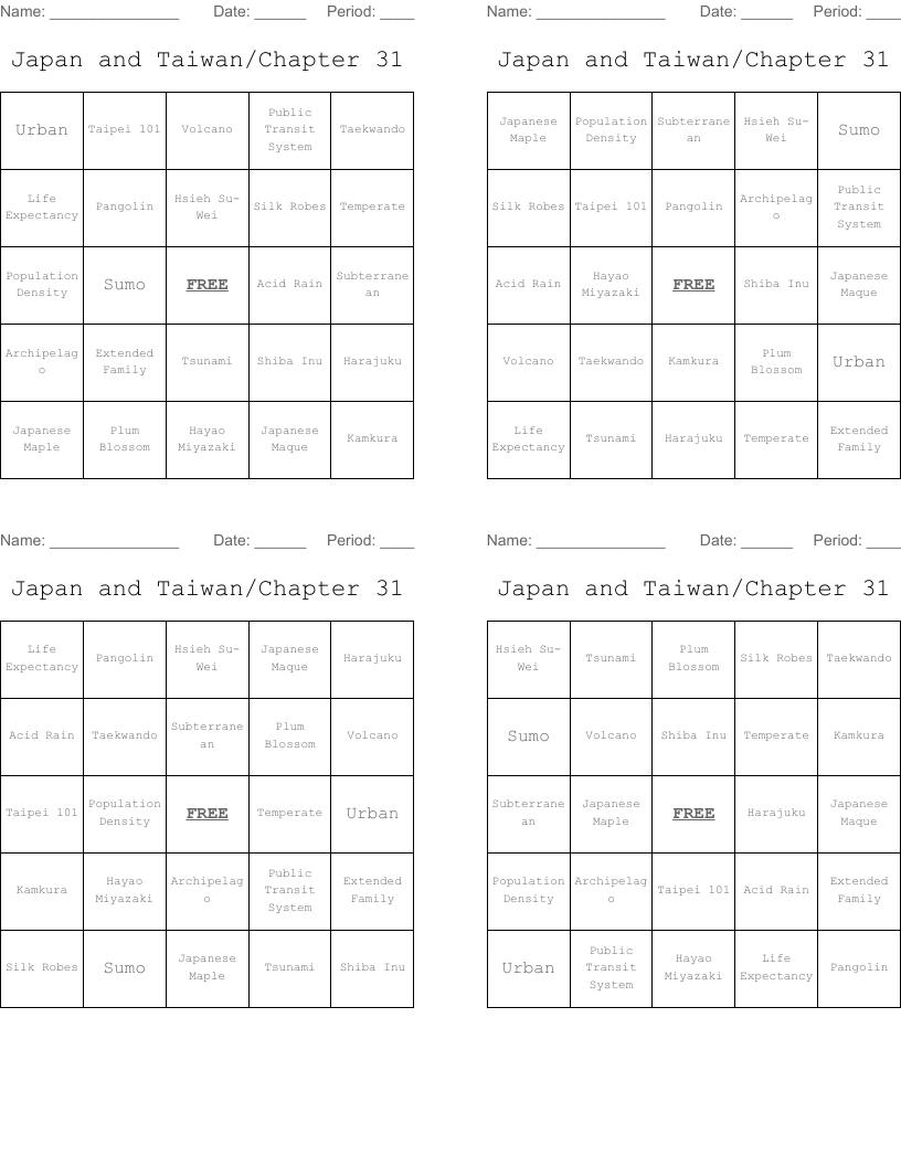 Japan and Taiwan/Chapter 31 Bingo Cards