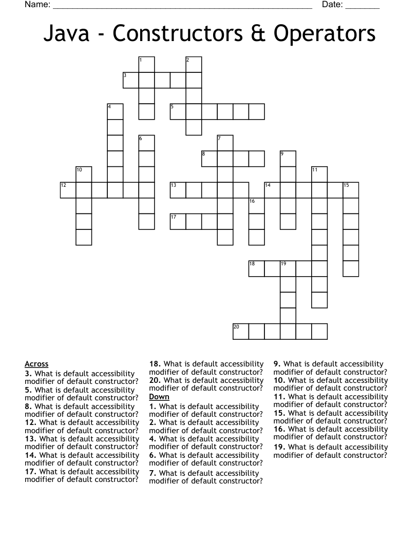 Java - Constructors & Operators Crossword