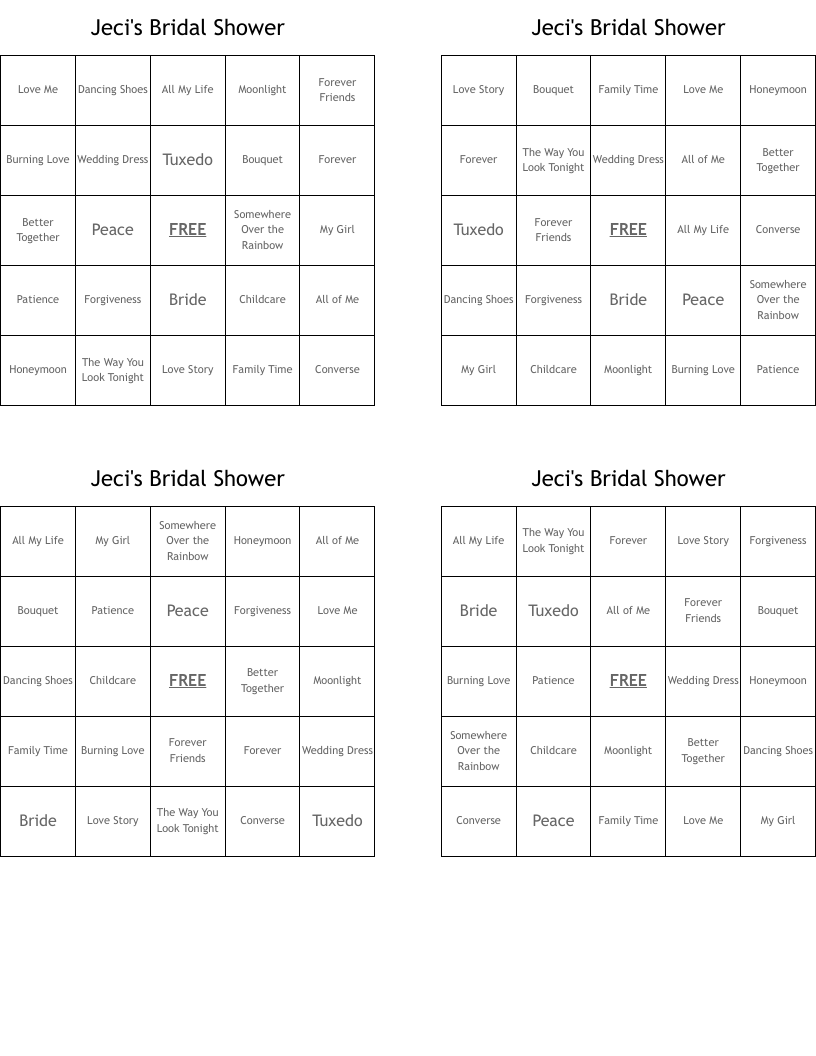 Jeci's Bridal Shower Bingo Cards