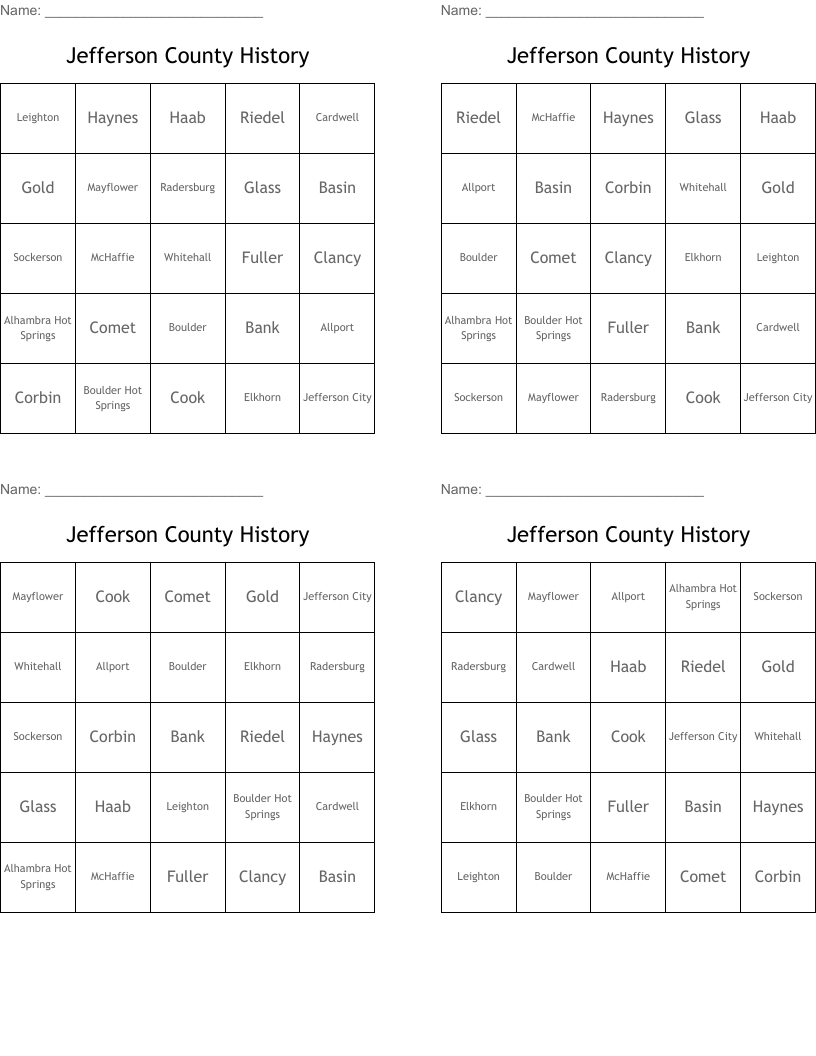 Jefferson County History Bingo Cards