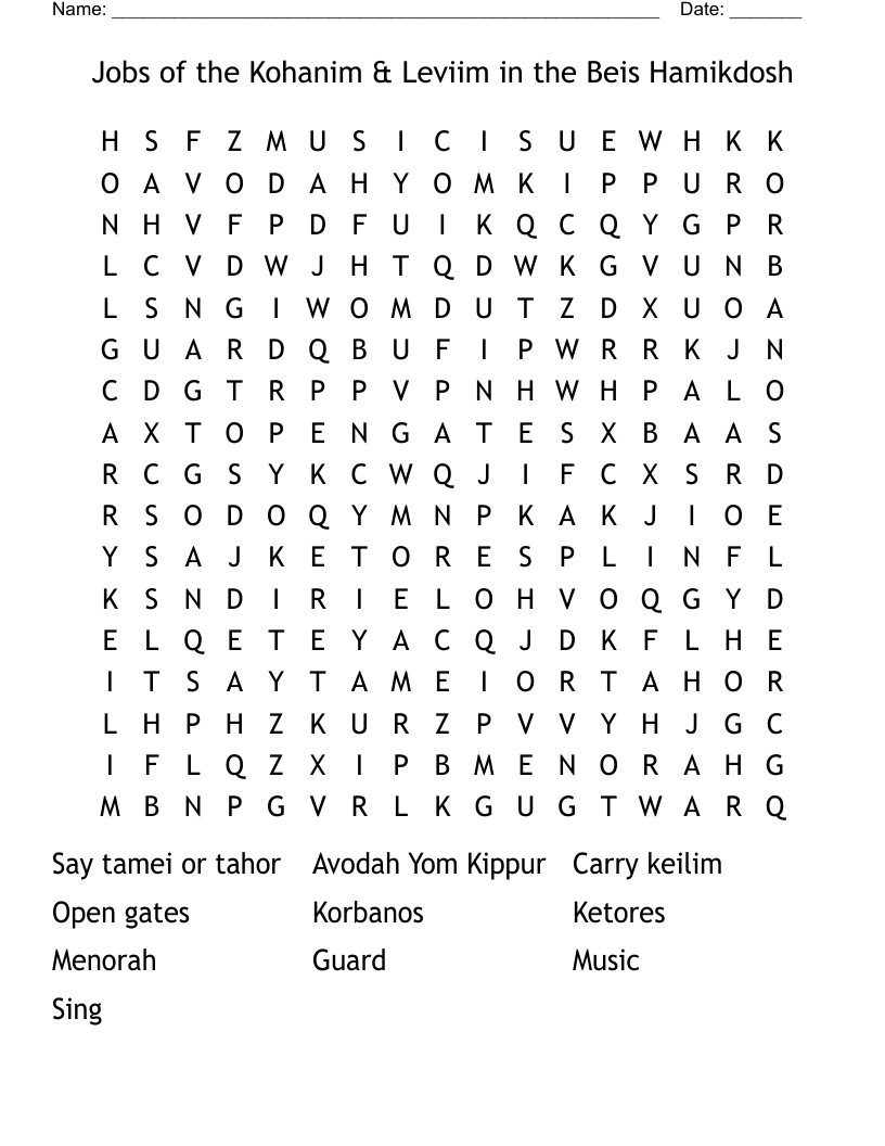 Jobs of the Kohanim & Leviim in the Beis Hamikdosh Word Search