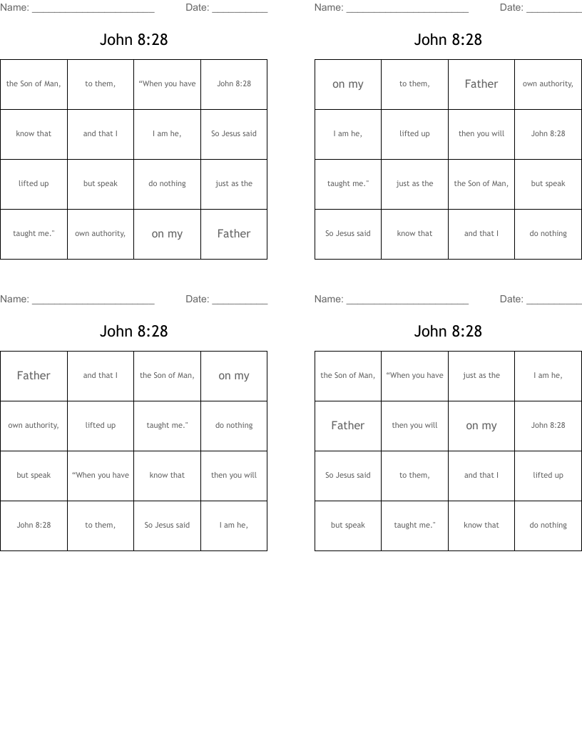 John 8:28 Bingo Cards