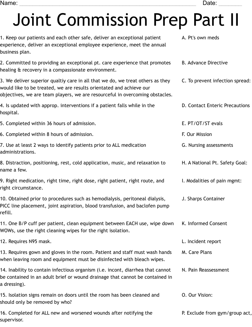 Joint Commission Prep Part II Worksheet
