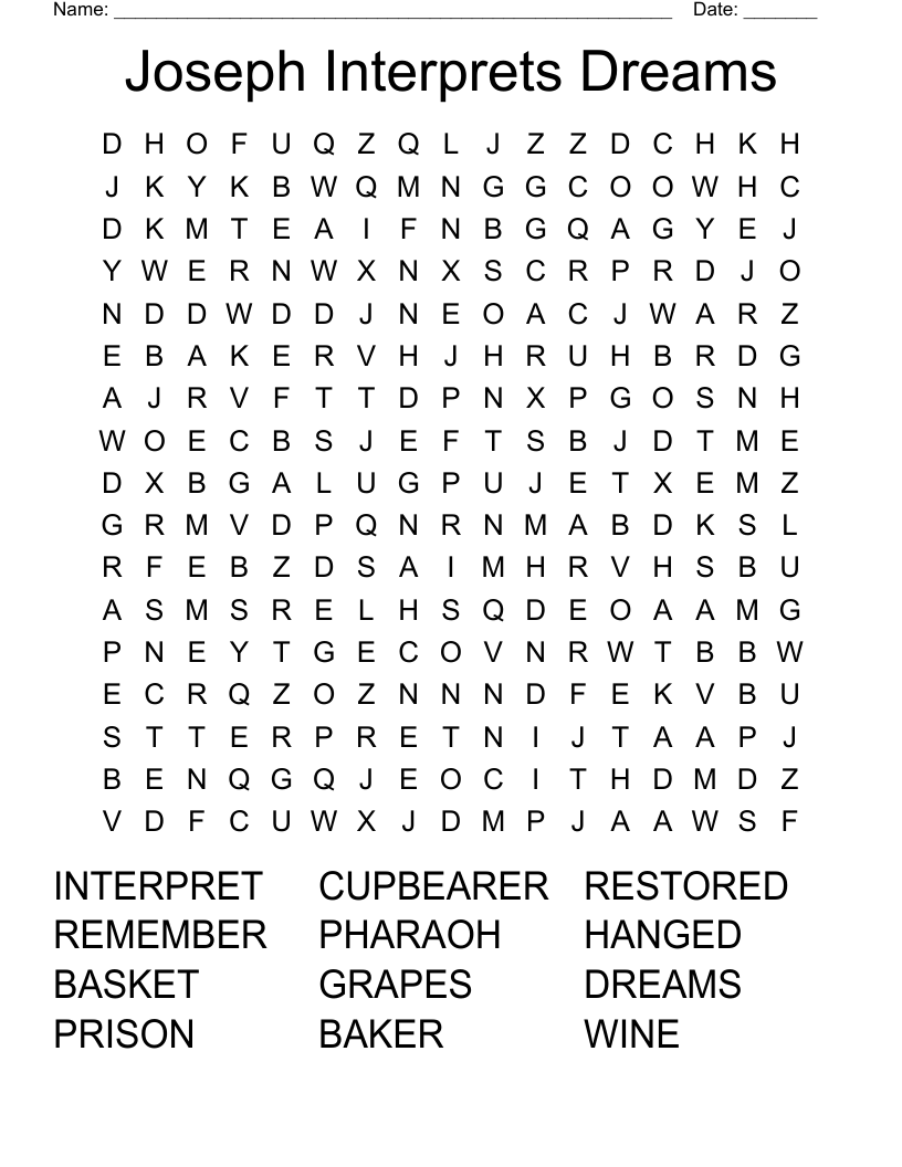 Joseph Interprets Dreams Word Search - WordMint