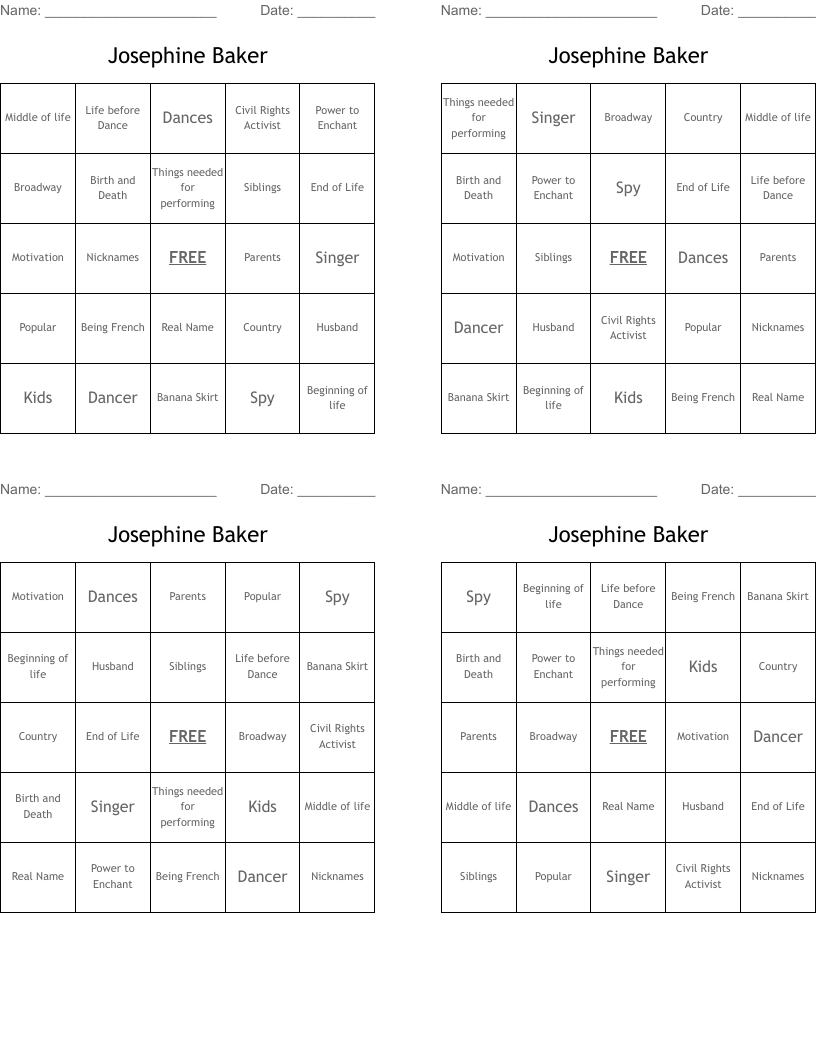 Josephine Baker Bingo Cards
