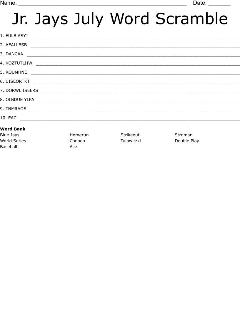 Jr. Jays July Word Scramble
