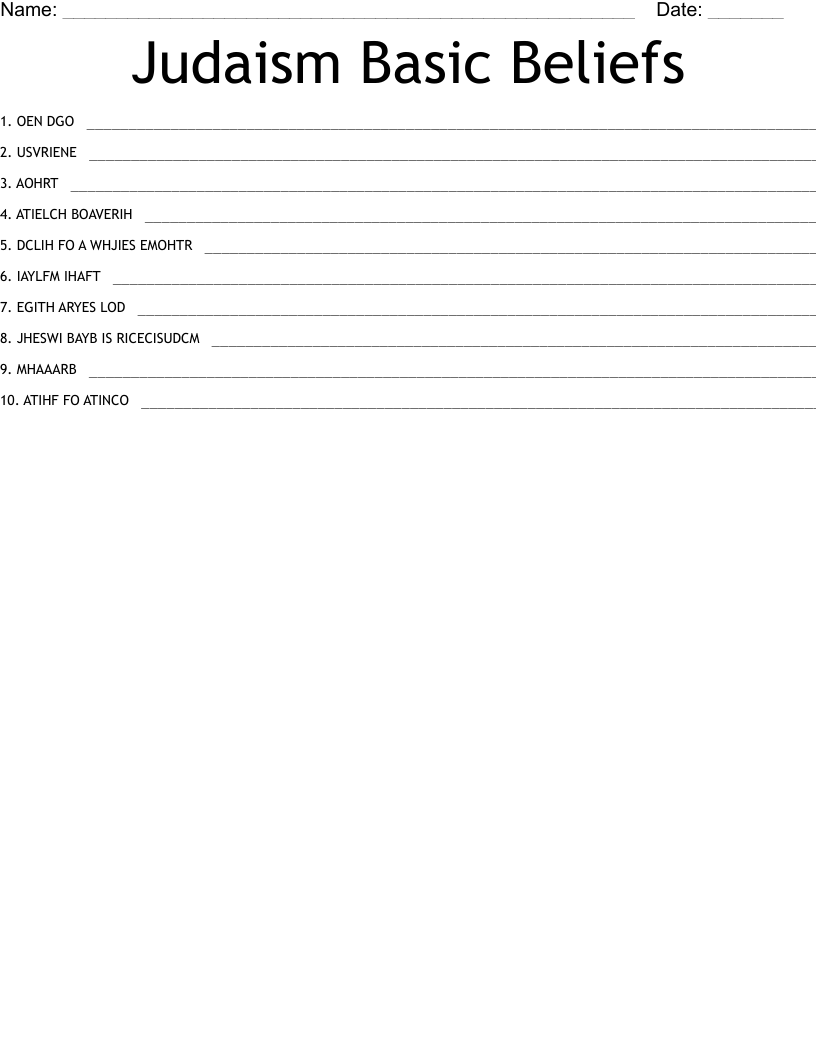 Judaism Basic Beliefs Word Scramble