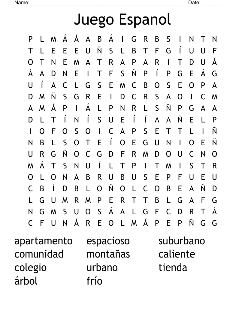 Juego Espanol  Word Search