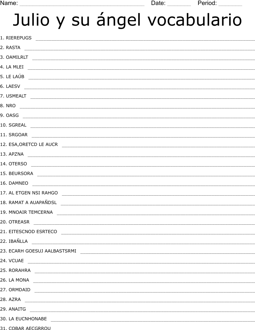 Julio y su ángel vocabulario Word Scramble
