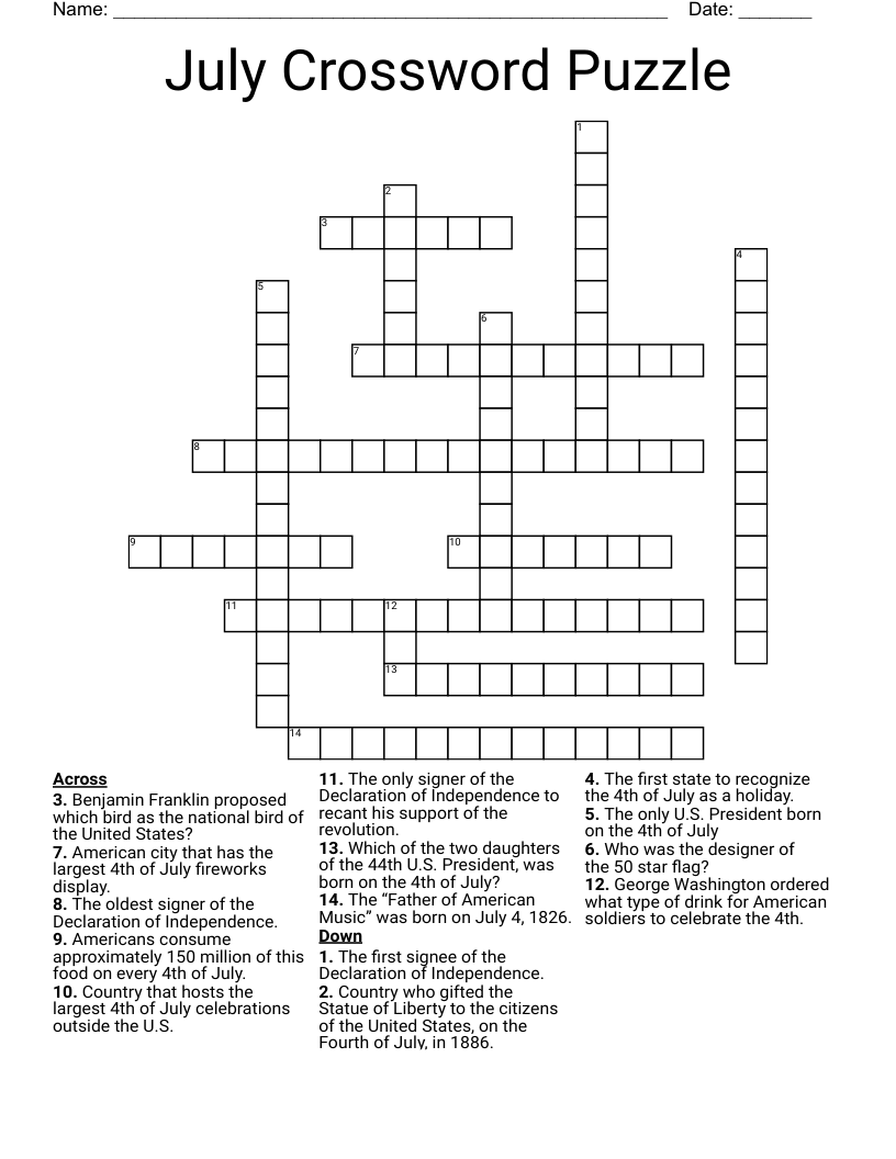 July Crossword Puzzle WordMint