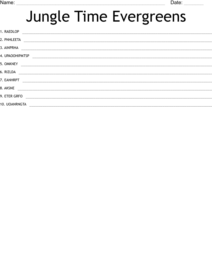 Jungle Time Evergreens Word Scramble