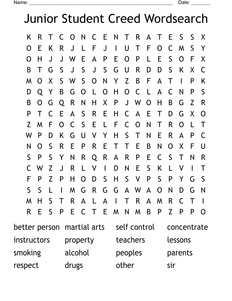 Junior Student Creed Wordsearch