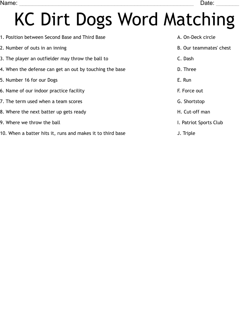 KC Dirt Dogs Word Matching Worksheet - WordMint