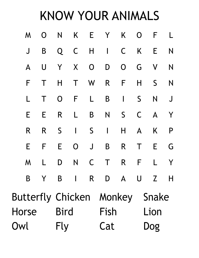 KNOW YOUR ANIMALS Word Search