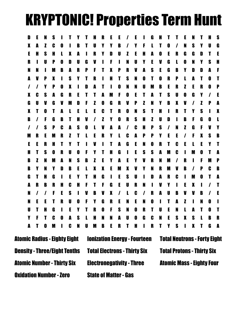 KRYPTONIC! Properties Term Hunt Word Search