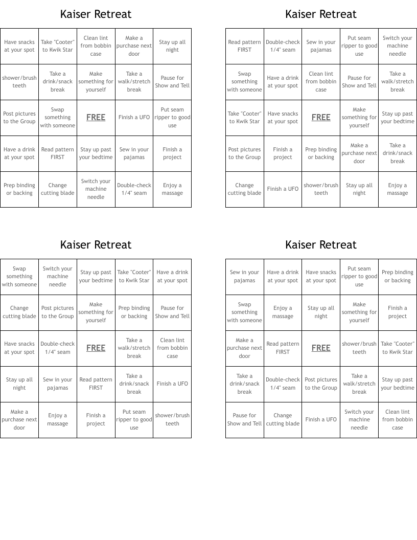 Kaiser Retreat Bingo Cards