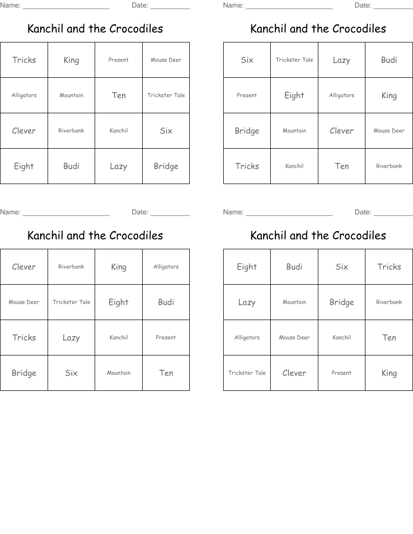 Kanchil and the Crocodiles Bingo Cards