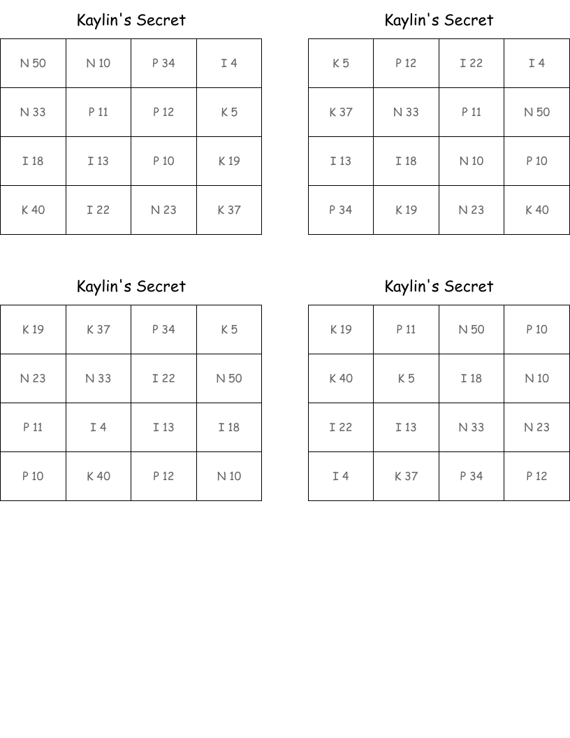 Kaylin's Secret Bingo Cards