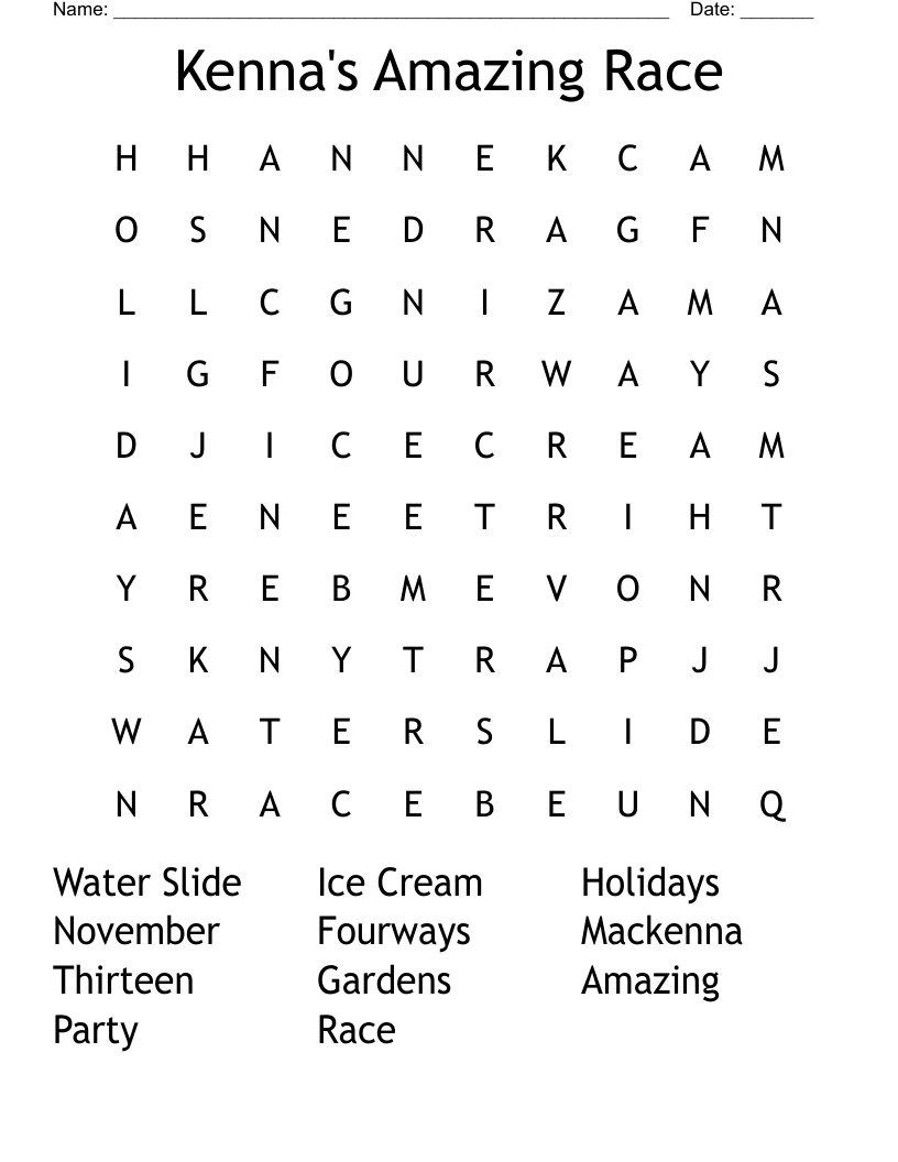 Kenna's Amazing Race Word Search