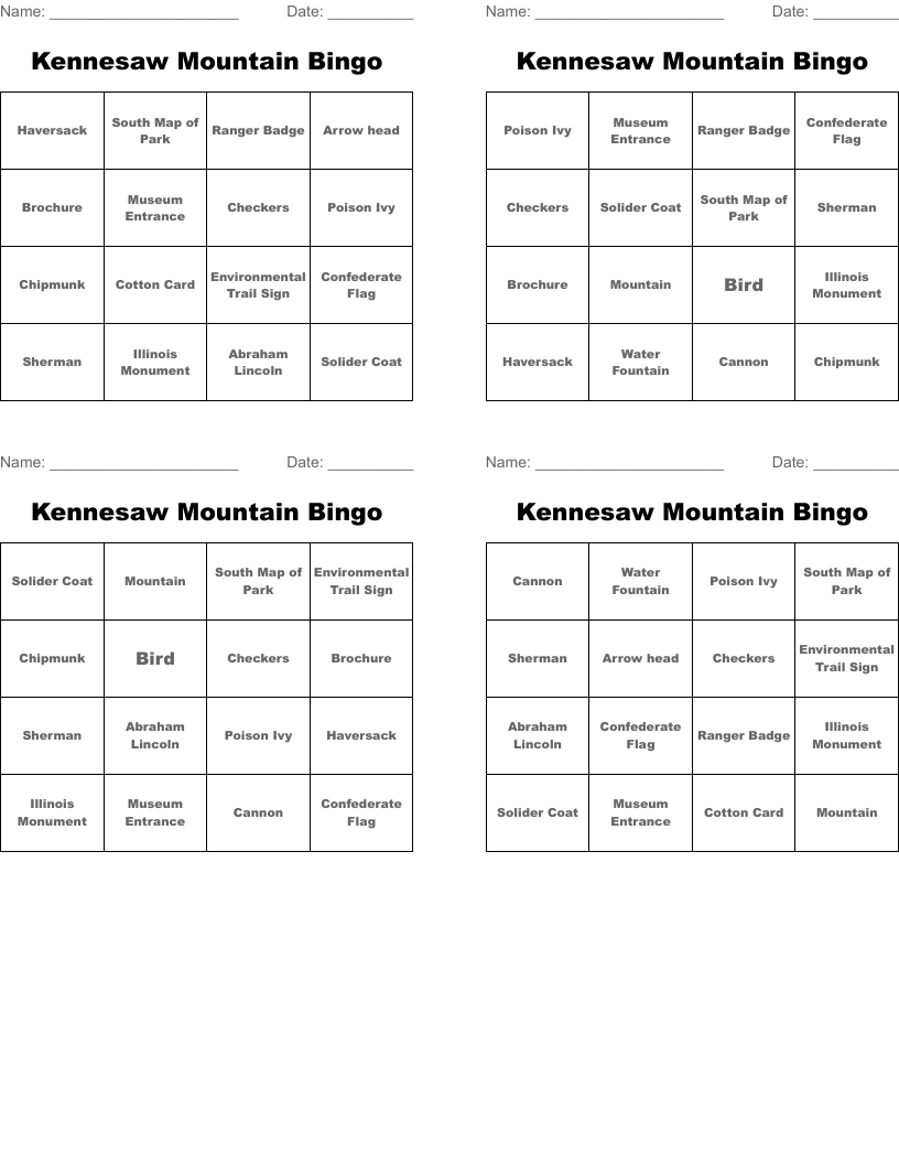 Kennesaw Mountain Bingo 