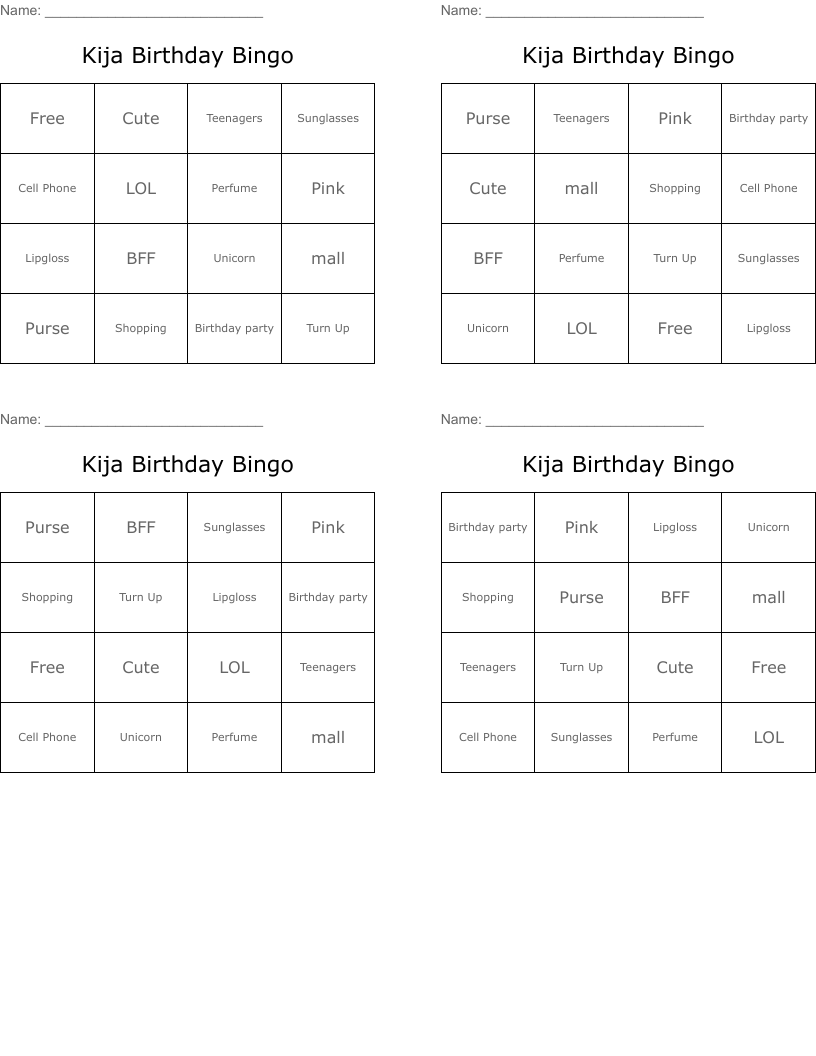Kija Birthday Bingo