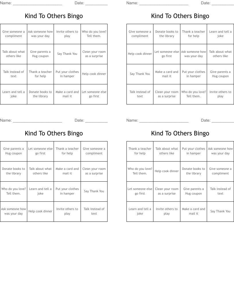 Kind To Others Bingo