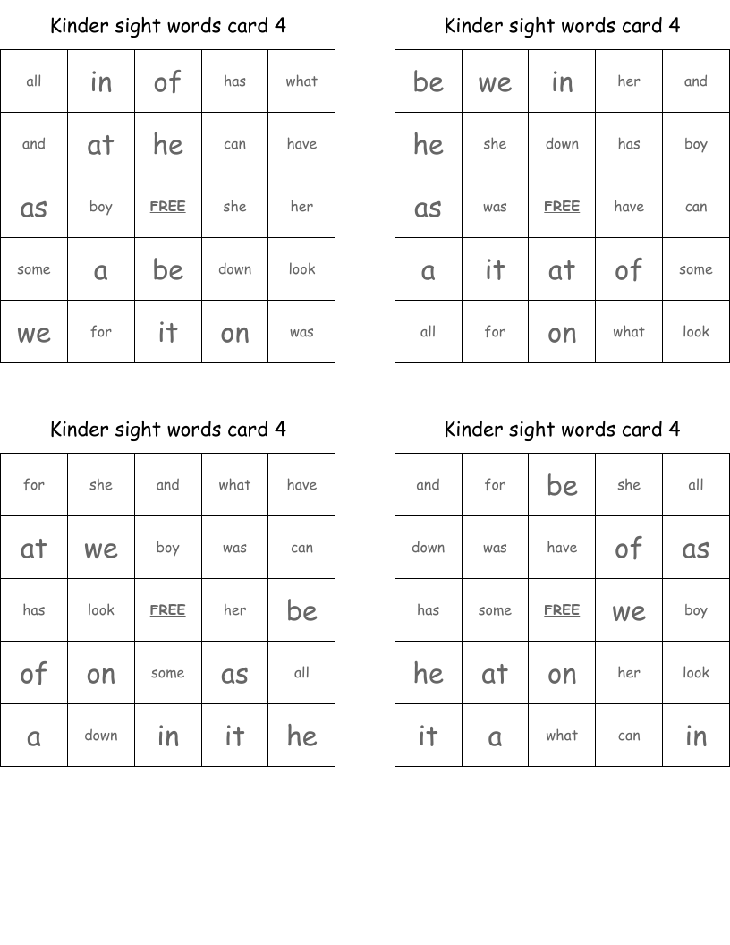 Kinder sight words card 4 Bingo Cards
