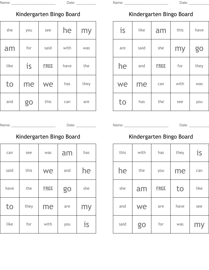 Kindergarten Bingo Board