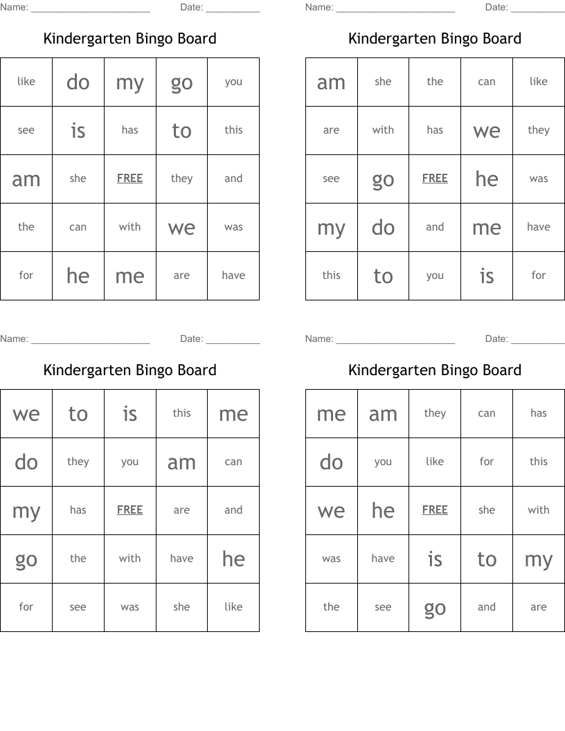Kindergarten Bingo Board