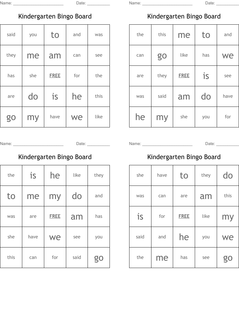 Kindergarten Bingo Board