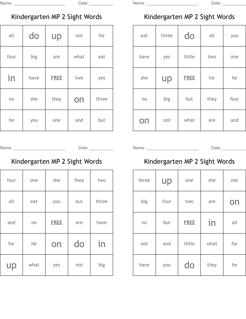 Kindergarten MP 2 Sight Words Bingo Cards