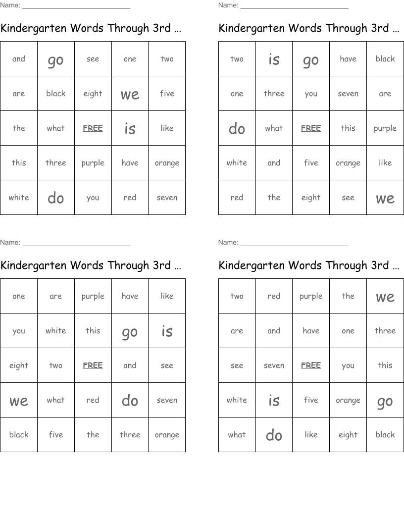 Kindergarten Words Through 3rd Quarter Bingo Cards