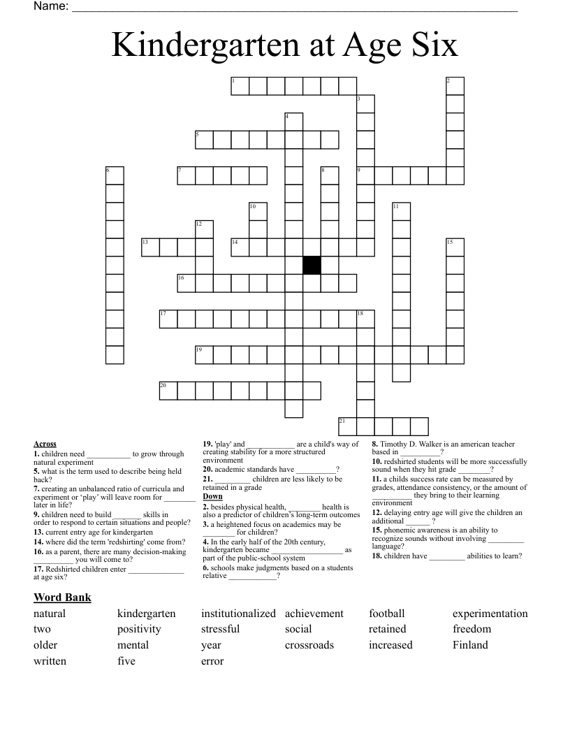 Kindergarten at Age Six Crossword