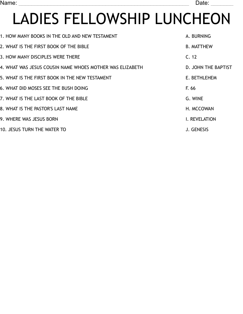 LADIES FELLOWSHIP LUNCHEON Worksheet