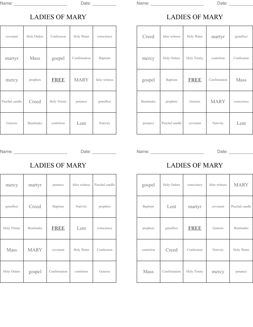 LADIES OF MARY Bingo Cards