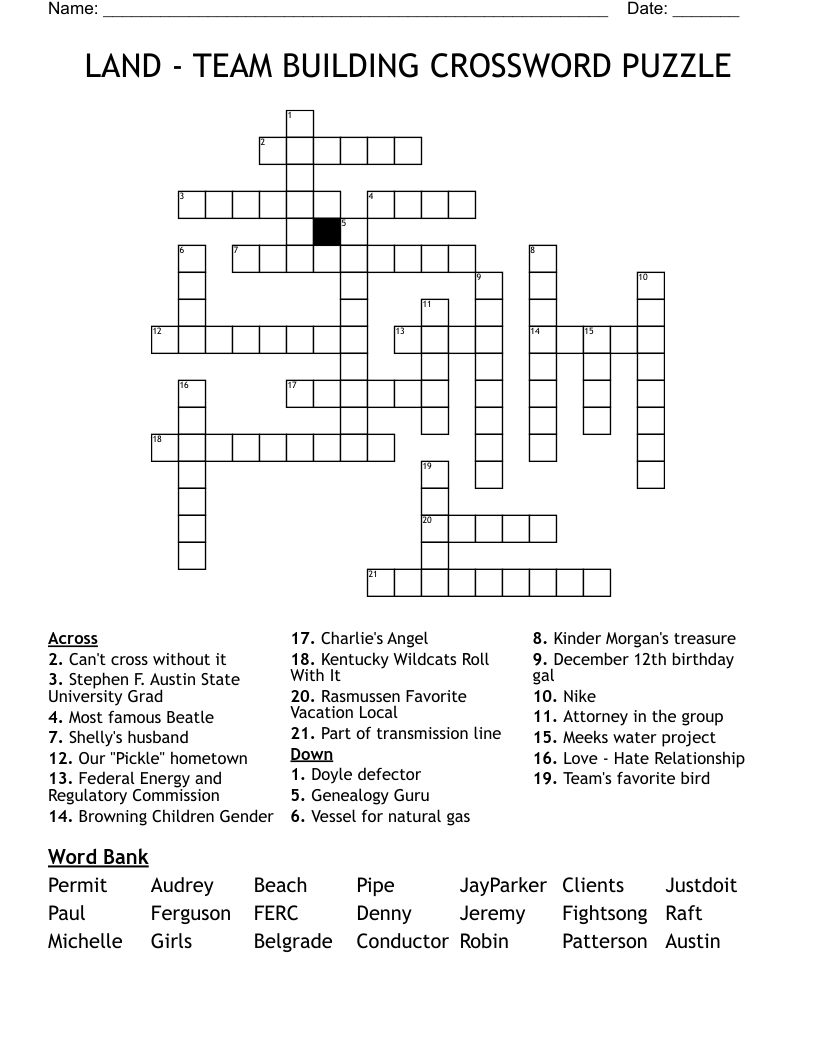 LAND TEAM BUILDING CROSSWORD PUZZLE WordMint