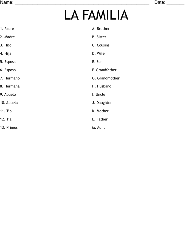 LA FAMILIA Worksheet - WordMint