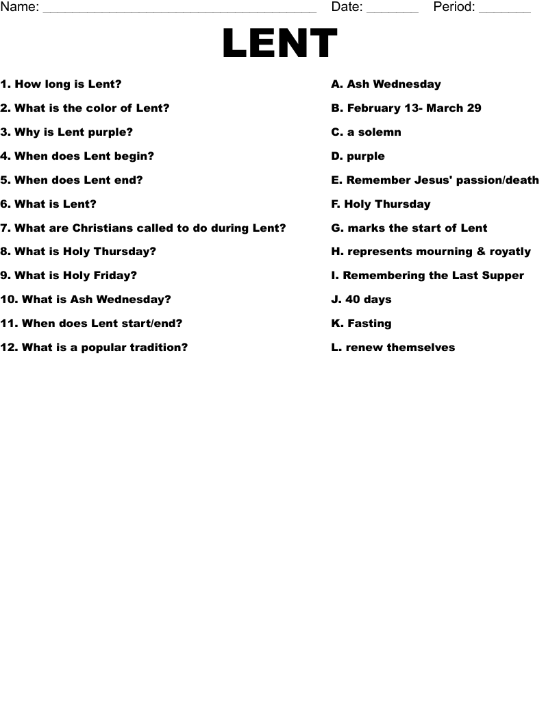 LENT Worksheet WordMint