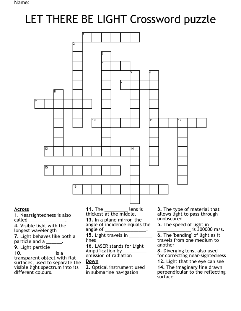 LET THERE BE LIGHT Crossword Puzzle WordMint