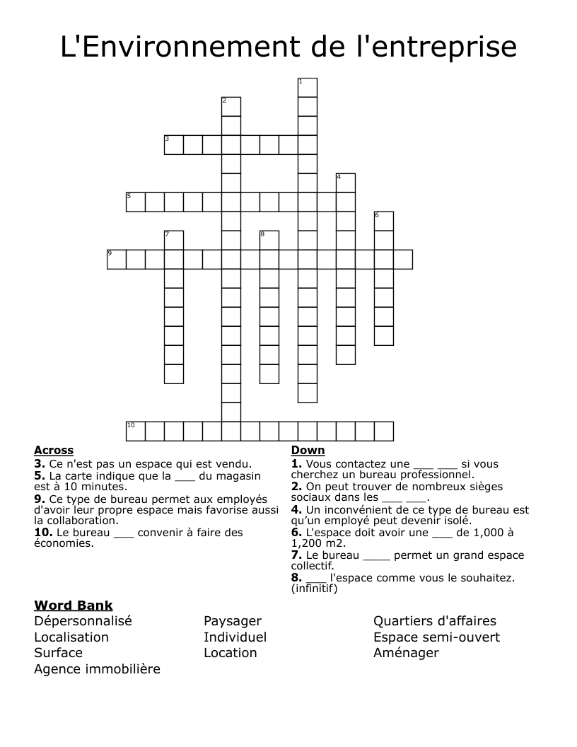 L'Environnement de l'entreprise Crossword